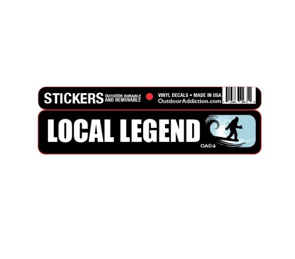 Bigfoot has been spotted surfing...Local Legend 1 x 5 inches mini bumper sticker Make a statement with these great designs sized perfectly for items like computers, cell phones or bigger items like your car! Dimensions: 1" x 5 inch -Printed vinyl -Outdoor durable and ultra removable -Waterproof